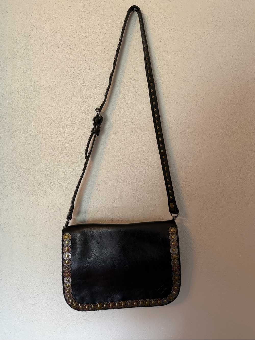Patricia Nash Black Leather Crossbody with Stud Trim